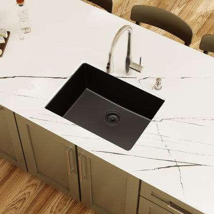 24-3/8" Undermount Single Bowl Quartz Composite Kitchen Sink In Black