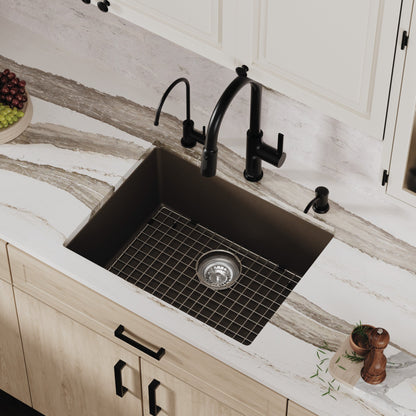 24-3/8" Undermount Single Bowl Quartz Composite Kitchen Sink Kit In Brown