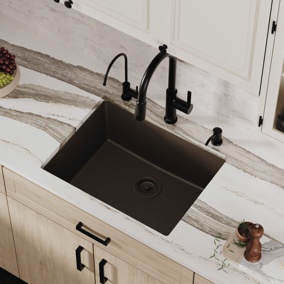 24-3/8" Undermount Single Bowl Quartz Composite Kitchen Sink In Brown