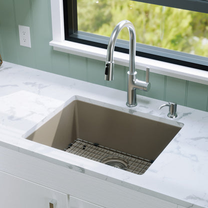 24-3/8" Undermount Single Bowl Quartz Composite Kitchen Sink Kit In Concrete