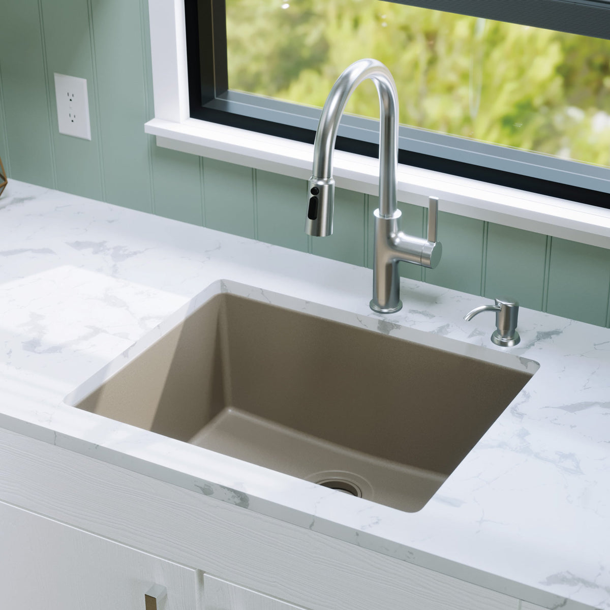 24-3/8" Undermount Single Bowl Quartz Composite Kitchen Sink In Concrete