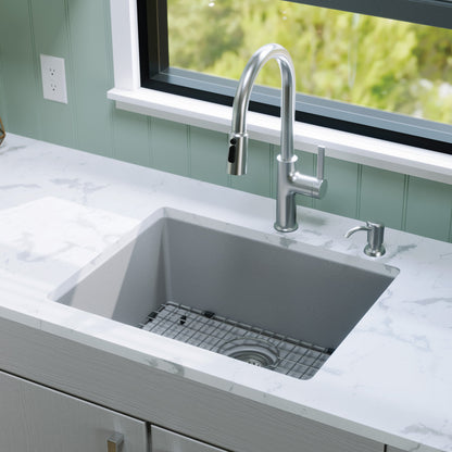 24-3/8" Undermount Single Bowl Quartz Composite Kitchen Sink Kit In Grey