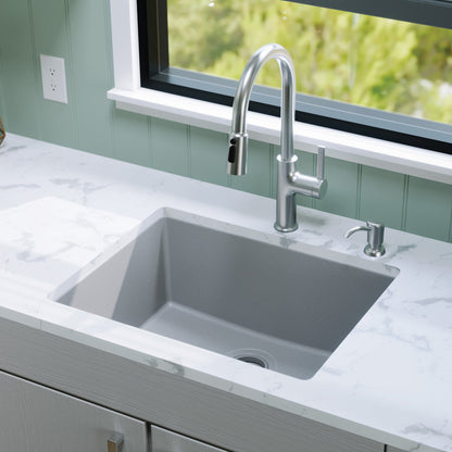 24-3/8" Undermount Single Bowl Quartz Composite Kitchen Sink In Grey