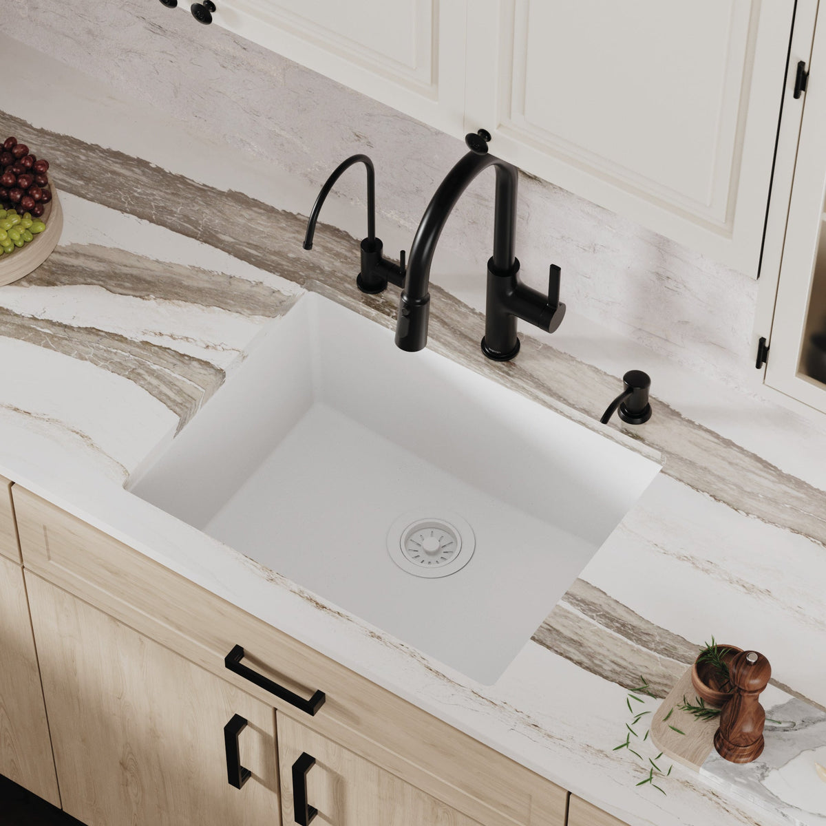 24-3/8" Undermount Single Bowl Quartz Composite Kitchen Sink In White