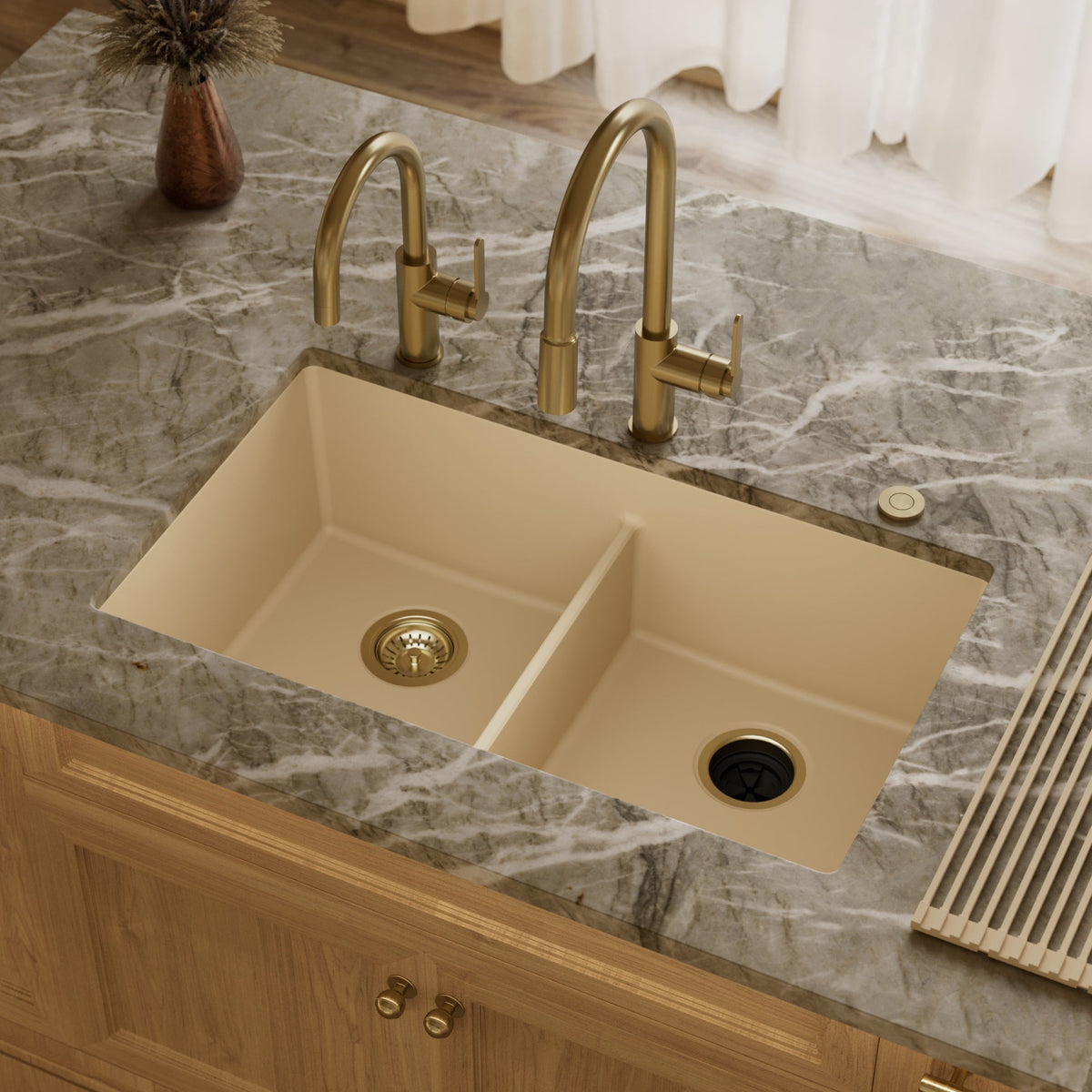 32-3/8" Undermount Double Equal Bowl Granite Kitchen Sink In Bisque