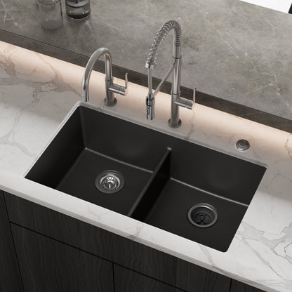 32-3/8" Undermount Double Equal Bowl Granite Kitchen Sink In Black