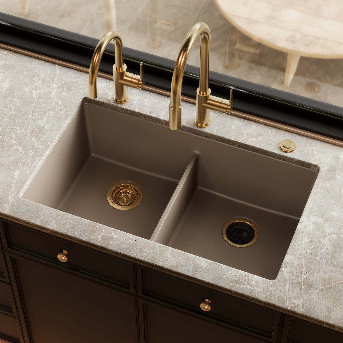 32-3/8" Undermount Double Equal Bowl Granite Kitchen Sink In Concrete