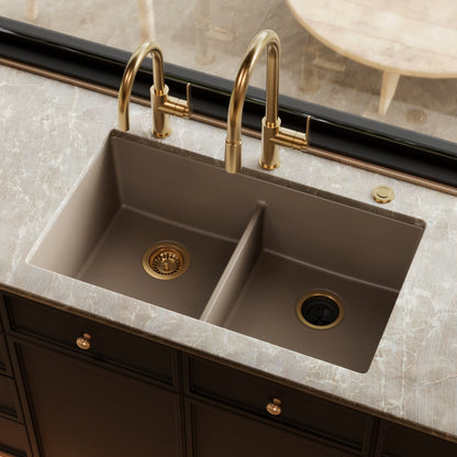 32-3/8" Undermount Double Equal Bowl Granite Kitchen Sink In Concrete
