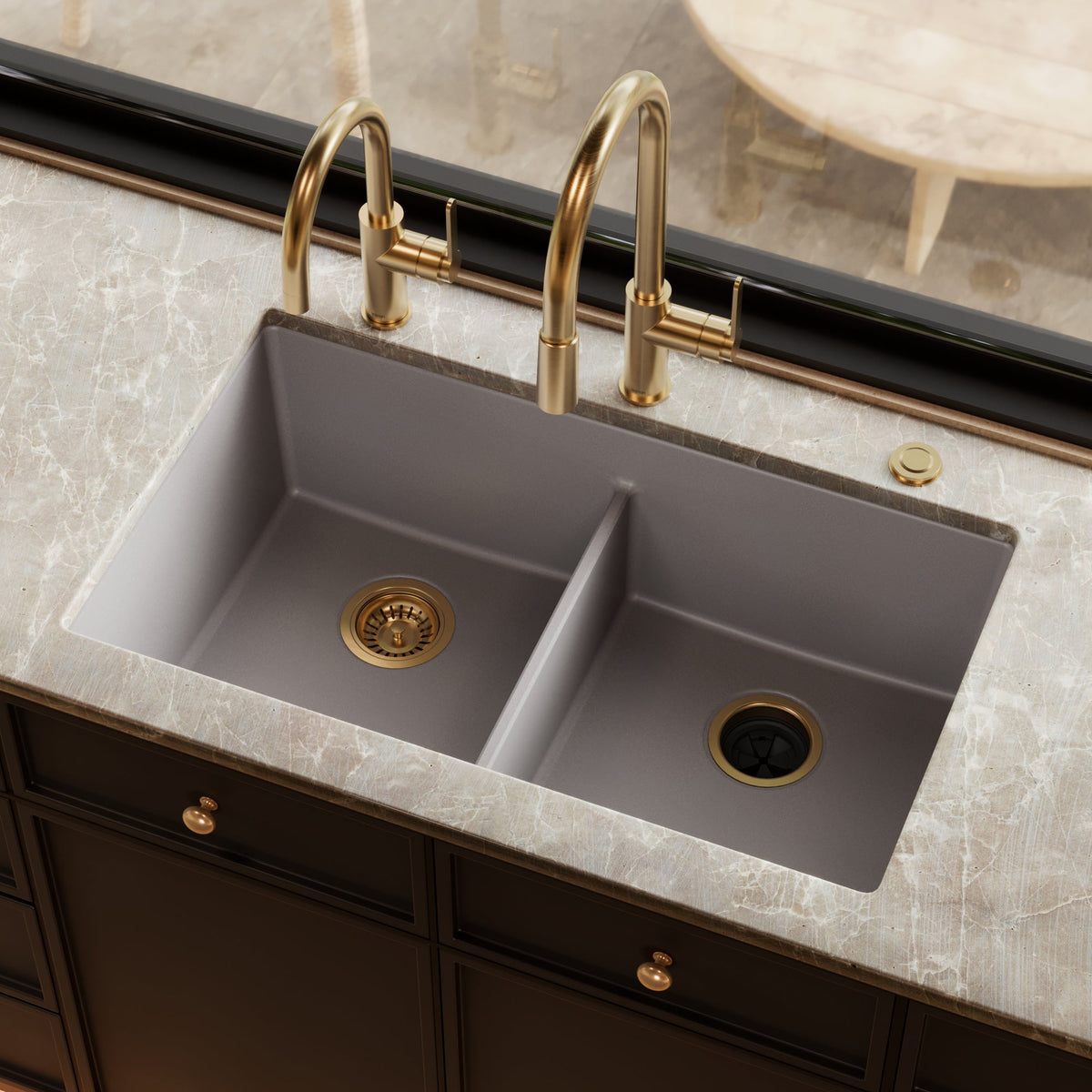 32-3/8" Undermount Double Equal Bowl Granite Kitchen Sink In Grey