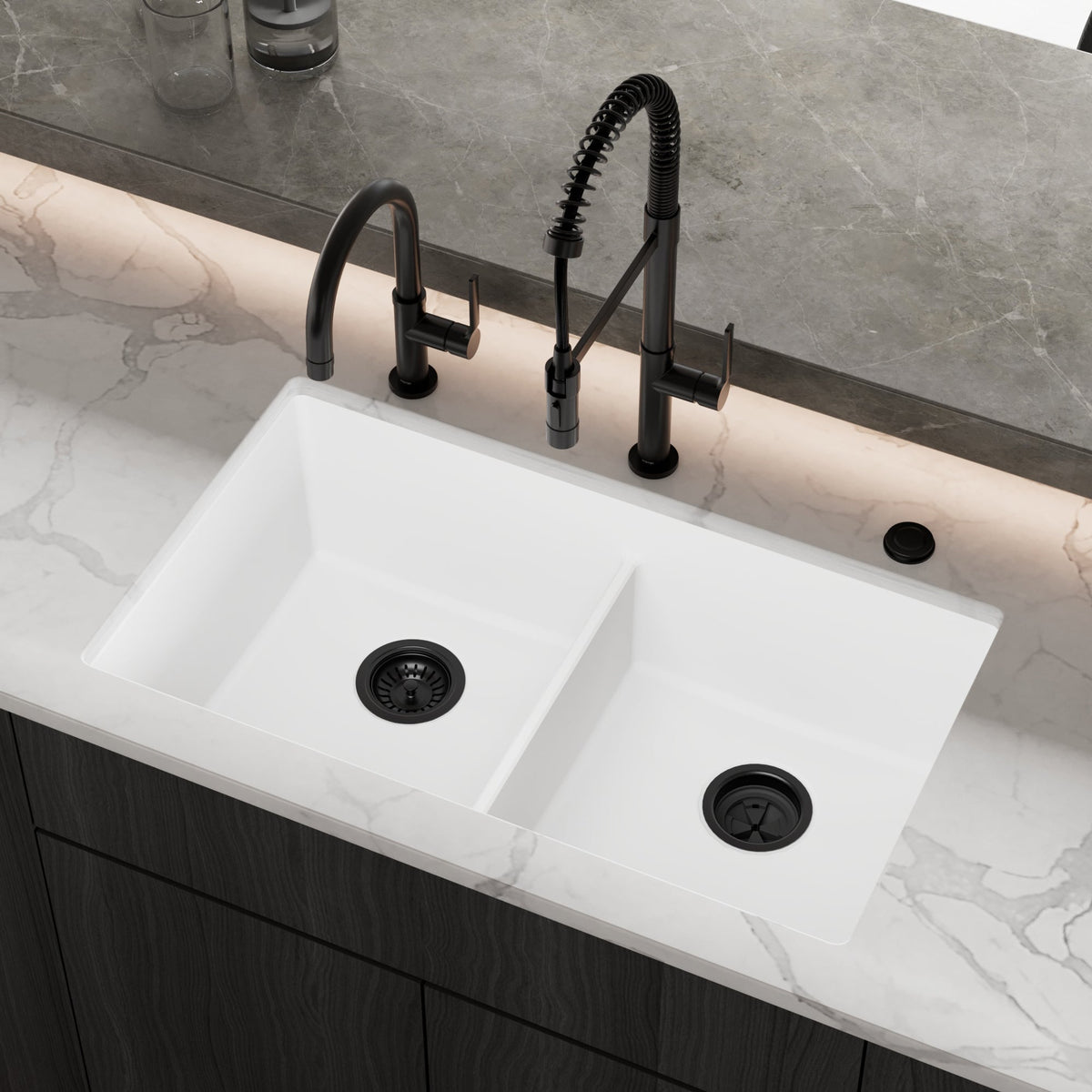 32-3/8" Undermount Double Equal Bowl Granite Kitchen Sink In White