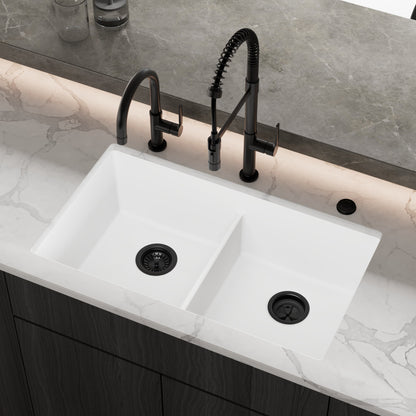 32-3/8" Undermount Double Equal Bowl Granite Kitchen Sink In White