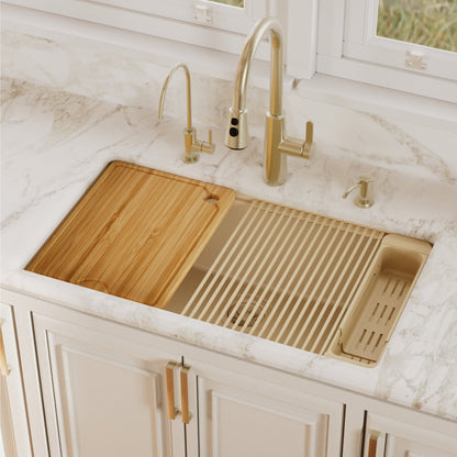 32" Undermount Single Bowl Quartz Kitchen Sink Kit In Bisque
