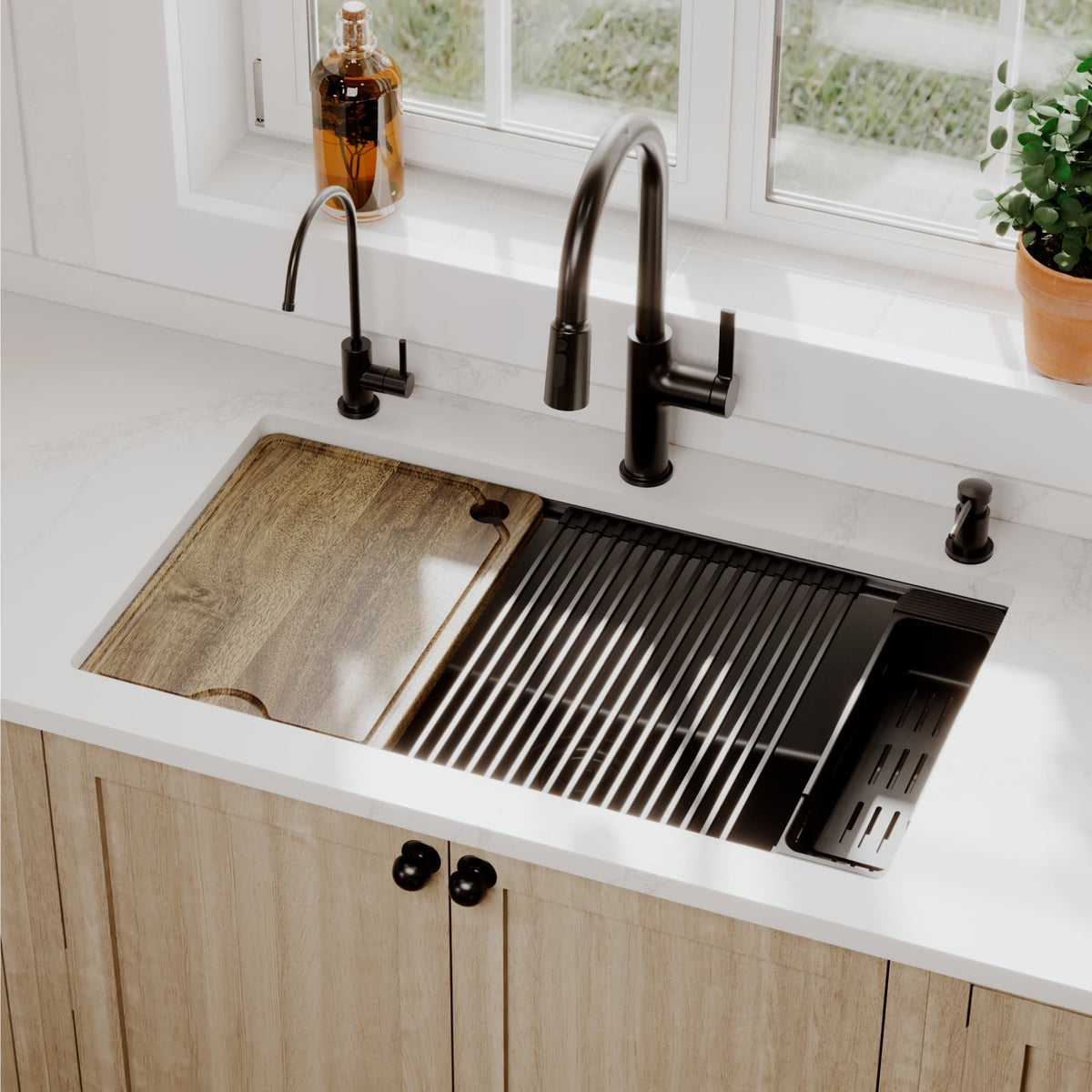 32" Undermount Single Bowl Quartz Kitchen Sink Kit In Black