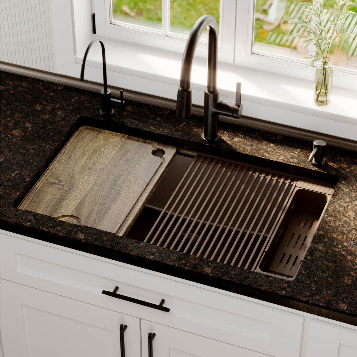 32" Undermount Single Bowl Quartz Kitchen Sink Kit In Brown