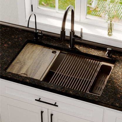 32" Undermount Single Bowl Quartz Kitchen Sink Kit In Brown