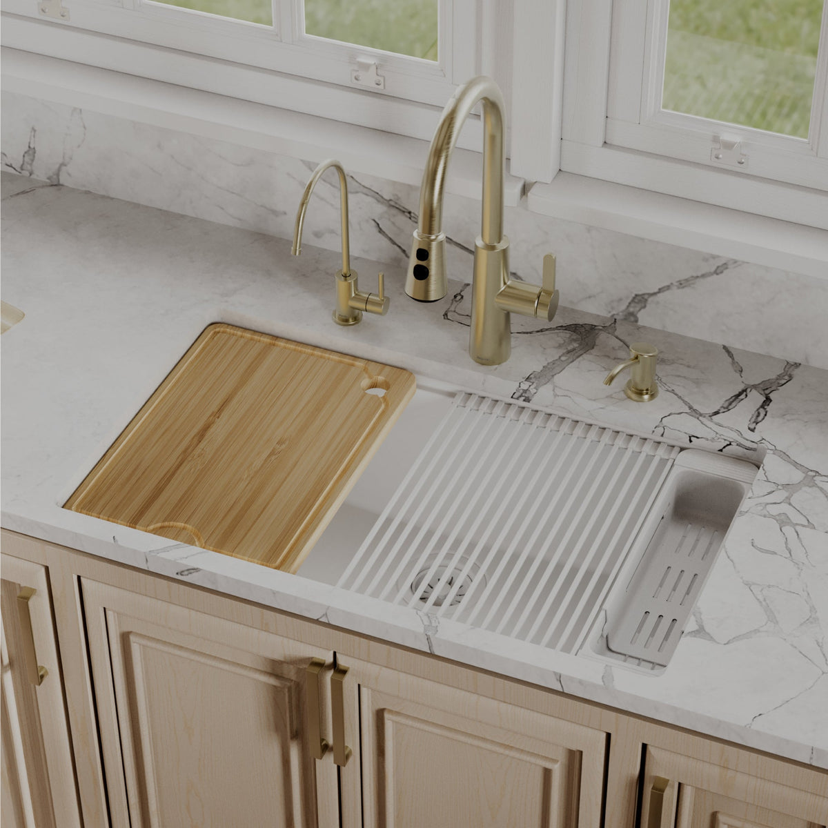 32" Undermount Single Bowl Quartz Kitchen Sink Kit In White