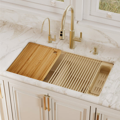 32" Undermount Double Bowl Quartz Kitchen Sink Kit In Bisque