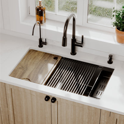32" Undermount Double Bowl Quartz Kitchen Sink Kit In Black
