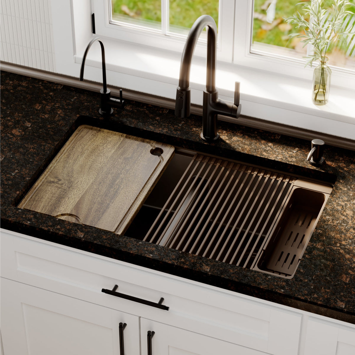 32" Undermount Double Bowl Quartz Kitchen Sink Kit In Brown