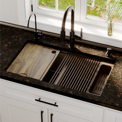 32" Undermount Double Bowl Quartz Kitchen Sink Kit In Brown