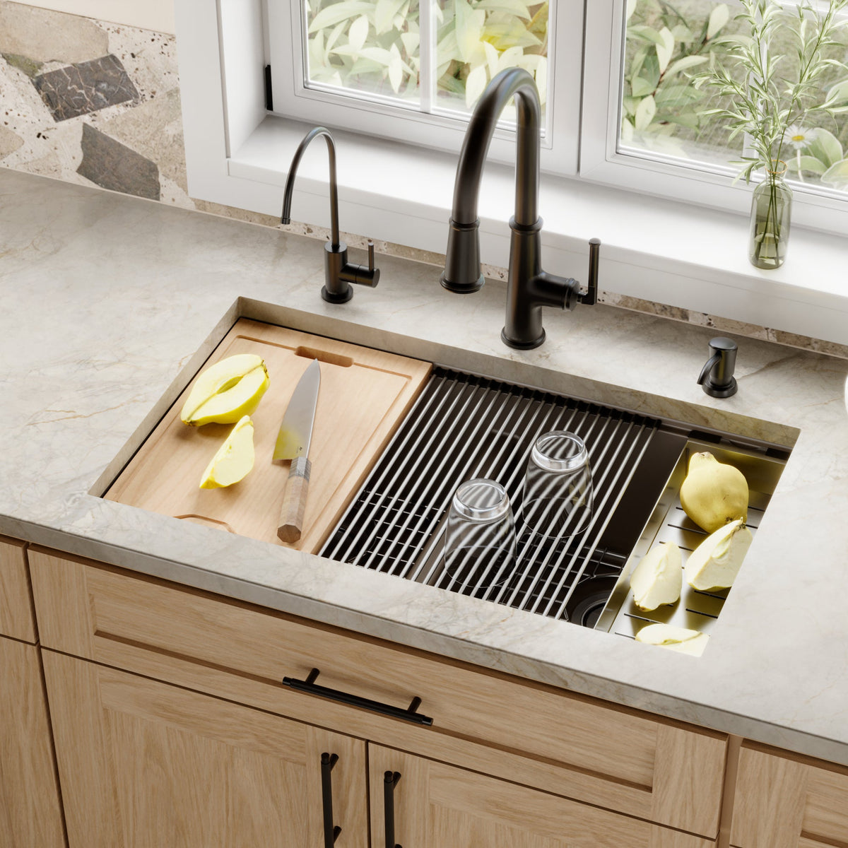 32-1/2" Undermount Double Equal Bowl Quartz Composite Workstation Kitchen Sink In Brown