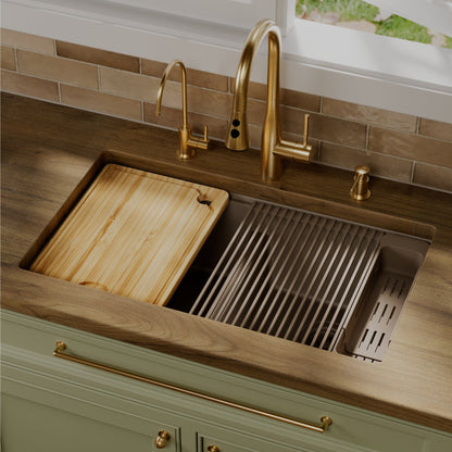 32" Undermount Double Bowl Quartz Kitchen Sink Kit In Concrete