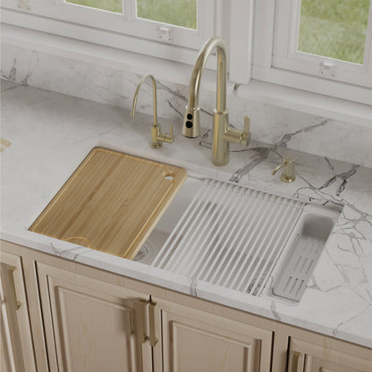 32" Undermount Double Bowl Quartz Kitchen Sink Kit In White