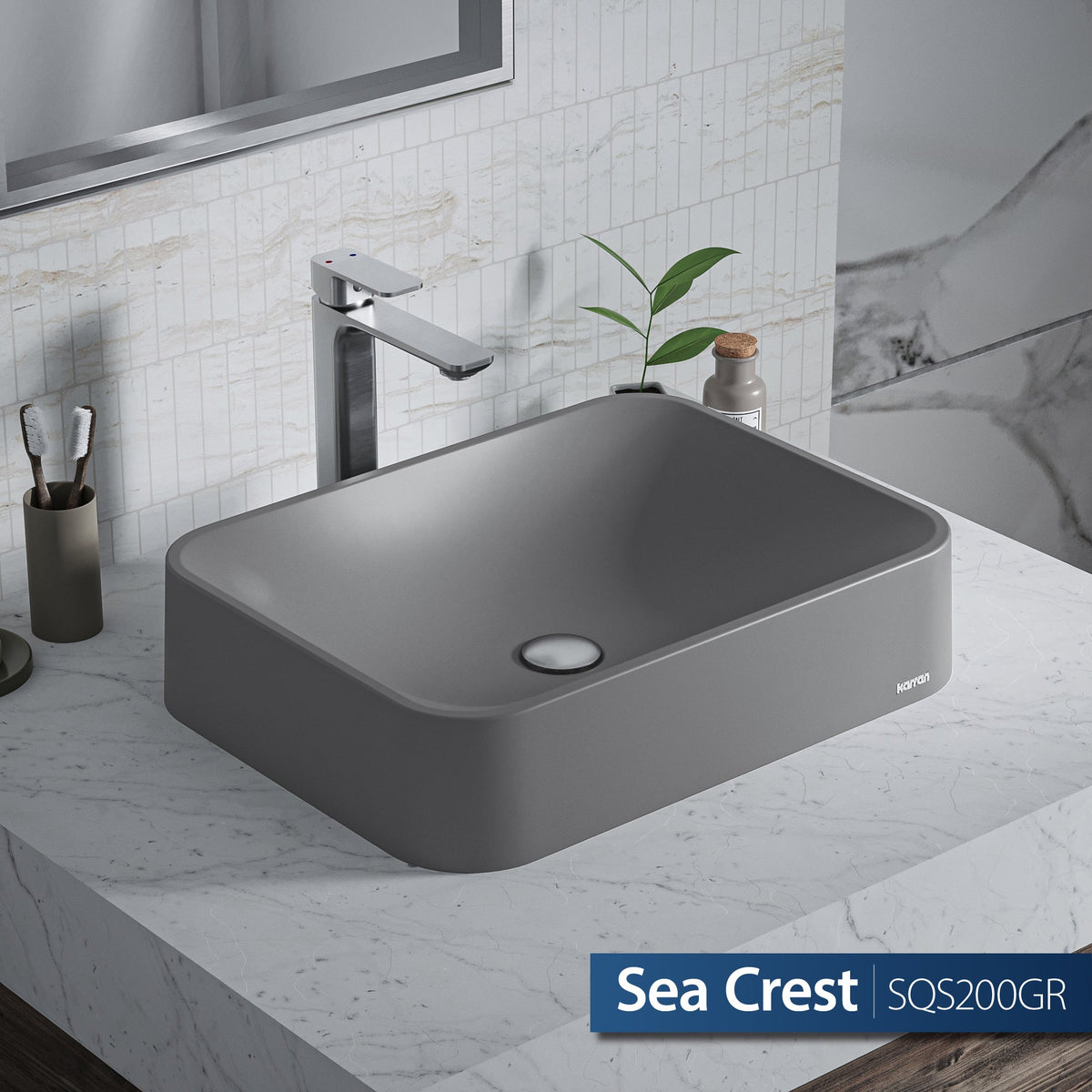 21-1/2" Vessel Quartz Composite Bathroom Sink In Grey