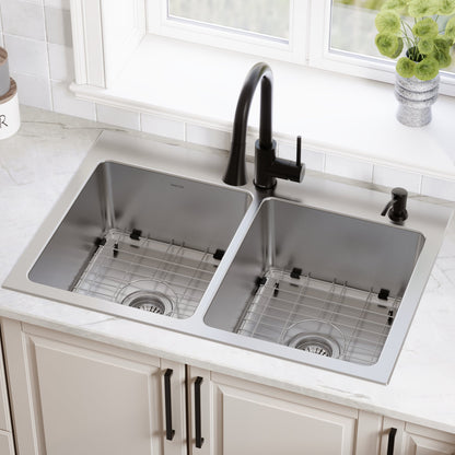 Lansen 33" Top Mount 18 Gauge Double Bowl Stainless Steel Sink with Accessories
