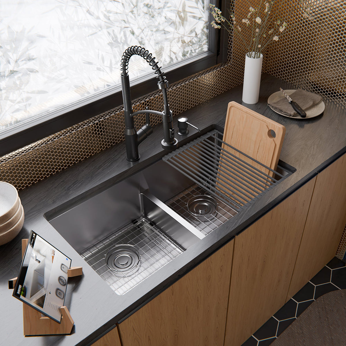 Fusion 33" Undermount Workstation 16 Gauge Double Bowl Stainless Steel Sink with Accessories