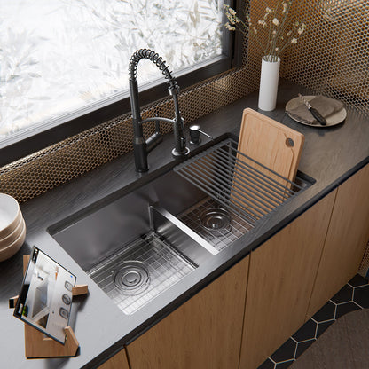Fusion 33" Undermount Workstation 16 Gauge Double Bowl Stainless Steel Sink with Accessories