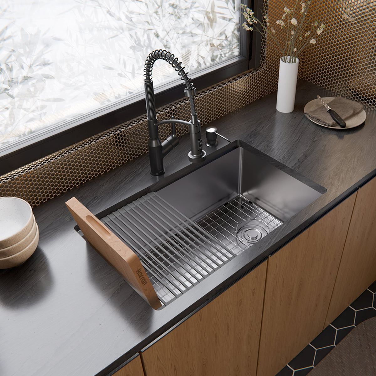 Fusion 30" Undermount Workstation 16 Gauge Single Bowl Stainless Steel Sink with Accessories