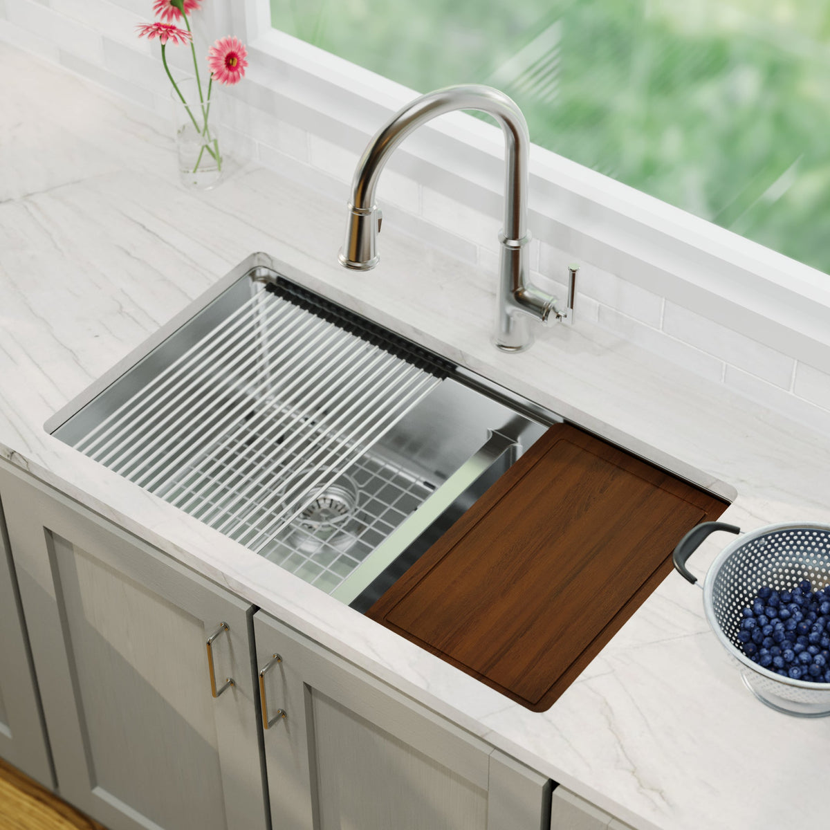 32" Undermount Double Offset Bowl Stainless Steel Workstation Kitchen Sink