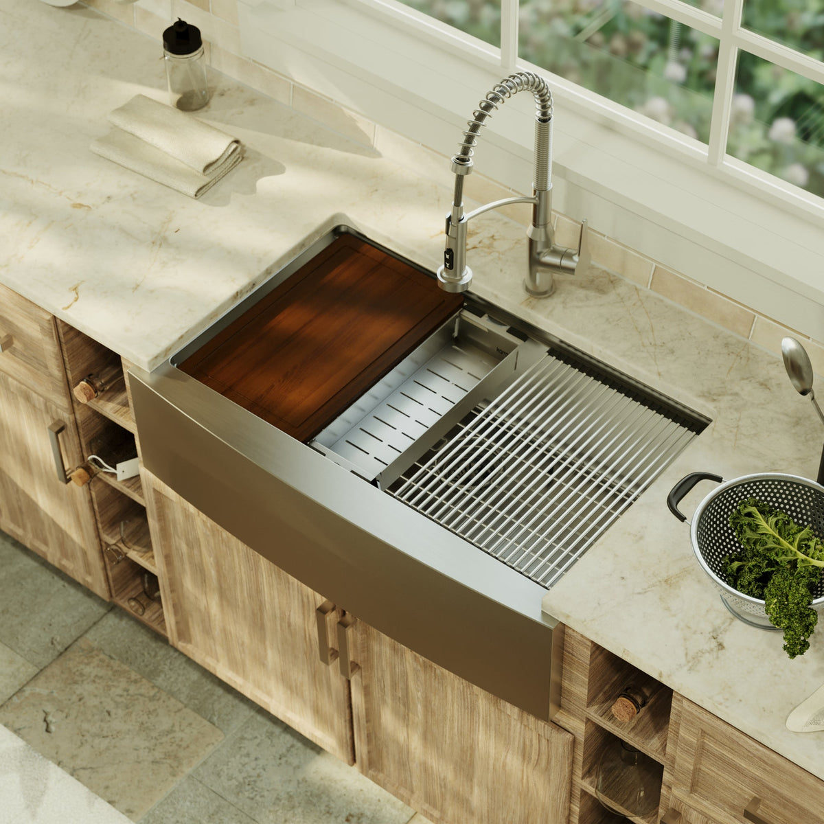 Elite 32" Apron Front Workstation 16 Gauge Single Bowl Stainless Steel Kitchen Sink with Scottsdale Pull-Down Faucet