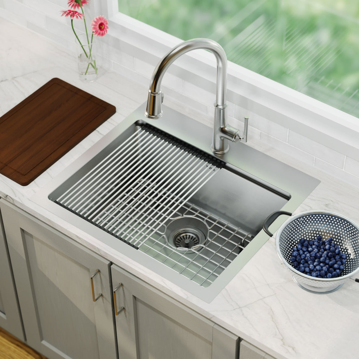 25" Top Mount Single Bowl Stainless Steel Workstation Kitchen Sink