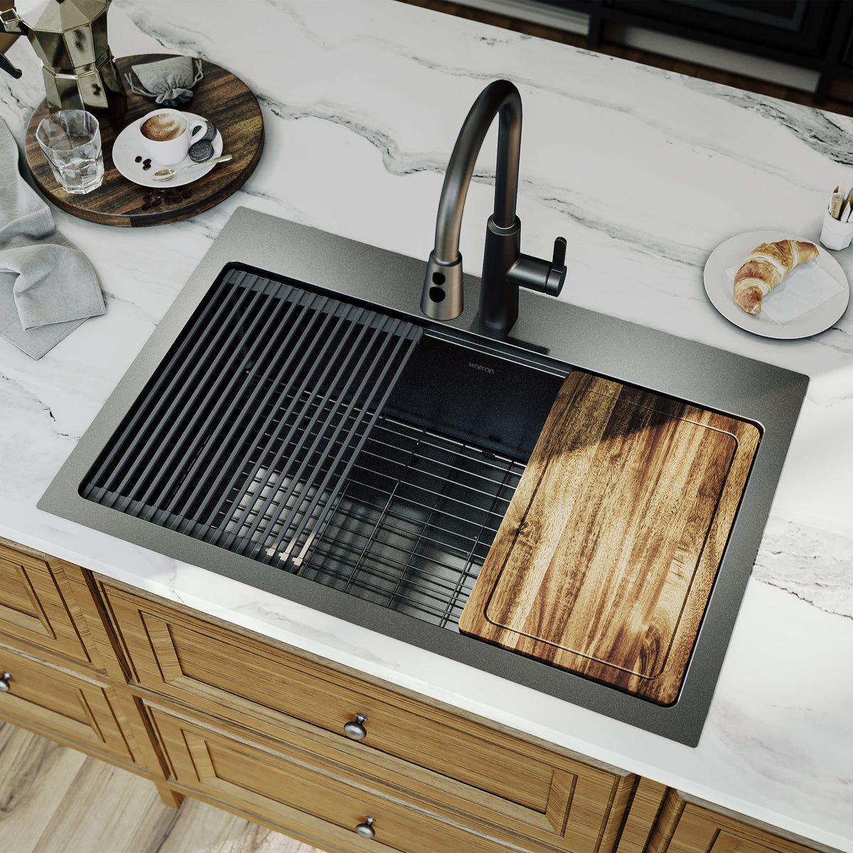 Elite 33" Top Mount Workstation 16 Gauge Stainless Steel Single Bowl Kitchen Sink In Gunmetal Black
