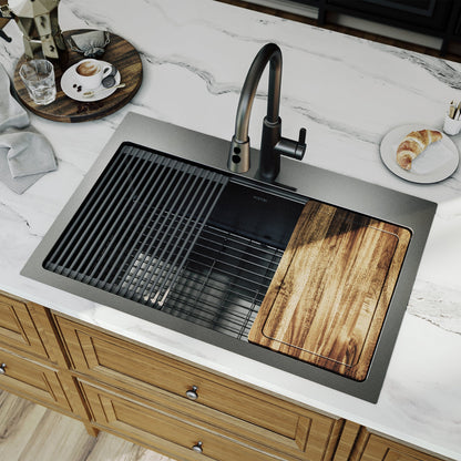 Elite 33" Top Mount Workstation 16 Gauge Stainless Steel Single Bowl Kitchen Sink In Gunmetal Black