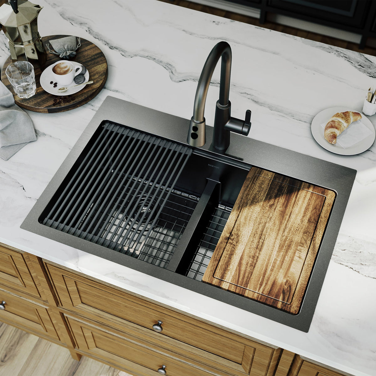 Elite 33" Top Mount Workstation 16 Gauge Stainless Steel Double Bowl Kitchen Sink In Gunmetal Black