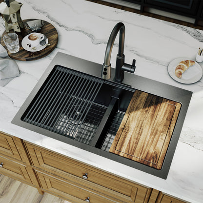 Elite 33" Top Mount Workstation 16 Gauge Stainless Steel Double Bowl Kitchen Sink In Gunmetal Black
