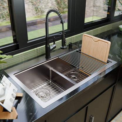 Fusion 33" Top Mount Workstation 16 Gauge Double Bowl Stainless Steel Sink with Accessories