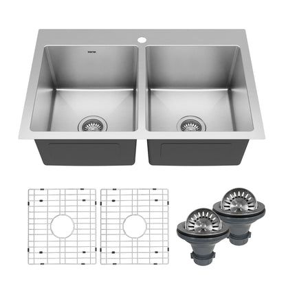 33" Top Mount Double Equal Bowl Stainless Steel Kitchen Sink Kit