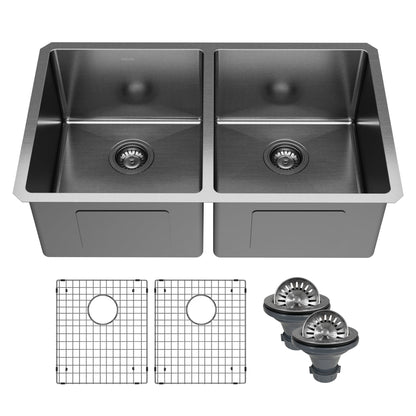 Elite 32" Undermount 16 Gauge Stainless Steel Double Bowl Kitchen Sink In Gunmetal Black