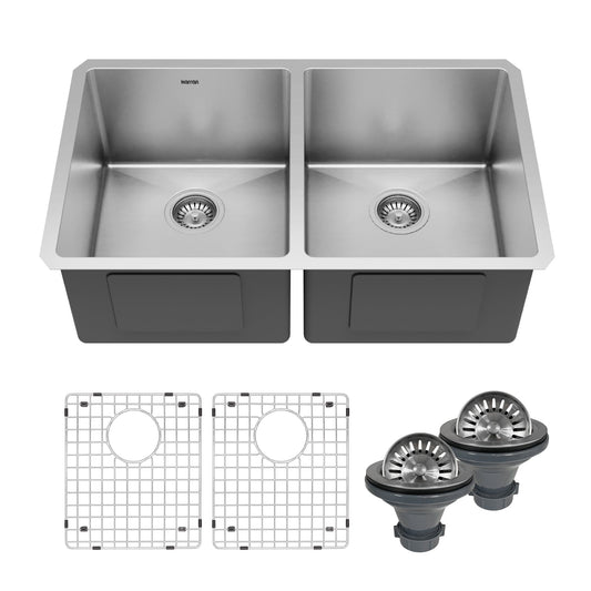 Elite 32" Undermount 16 Gauge Double Bowl Stainless Steel Kitchen Sink with Accessories