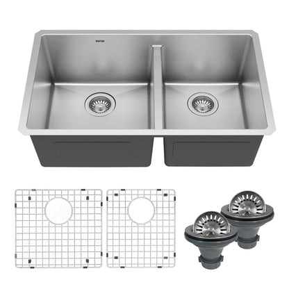 Elite 32" Undermount 16 Gauge Double Bowl Stainless Steel Kitchen Sink with Accessories