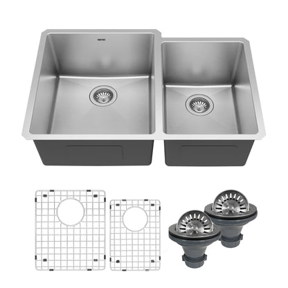 Elite 33" Undermount 16 Gauge Double Bowl Stainless Steel Kitchen Sink with Accessories
