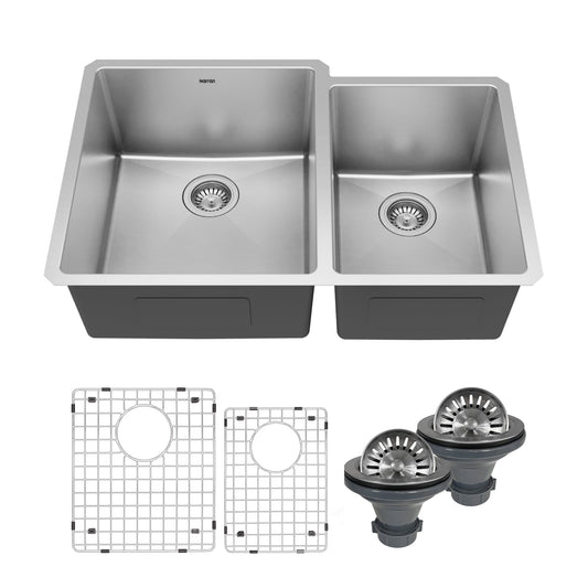 Elite 33" Undermount 16 Gauge Double Bowl Stainless Steel Kitchen Sink with Accessories