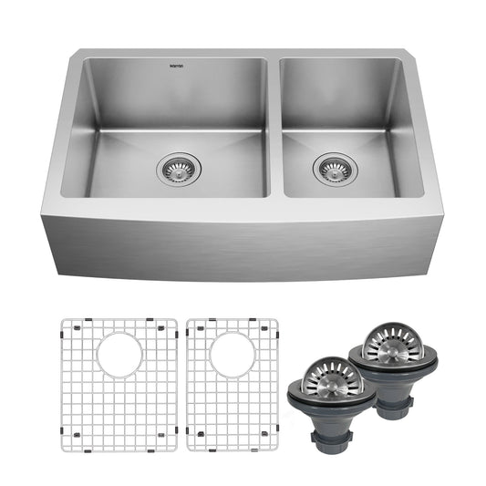 Elite 33" Apron Front 16 Gauge Double Offset Bowl Stainless Steel Kitchen Sink with Accessories