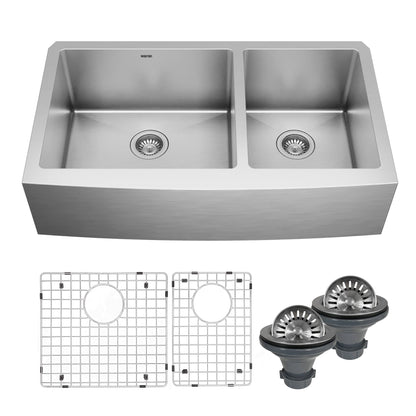 36" Farmhouse Double Offset Bowl Stainless Steel Kitchen Sink Kit