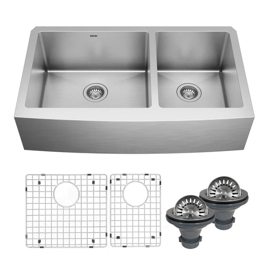 36" Farmhouse Double Offset Bowl Stainless Steel Kitchen Sink Kit