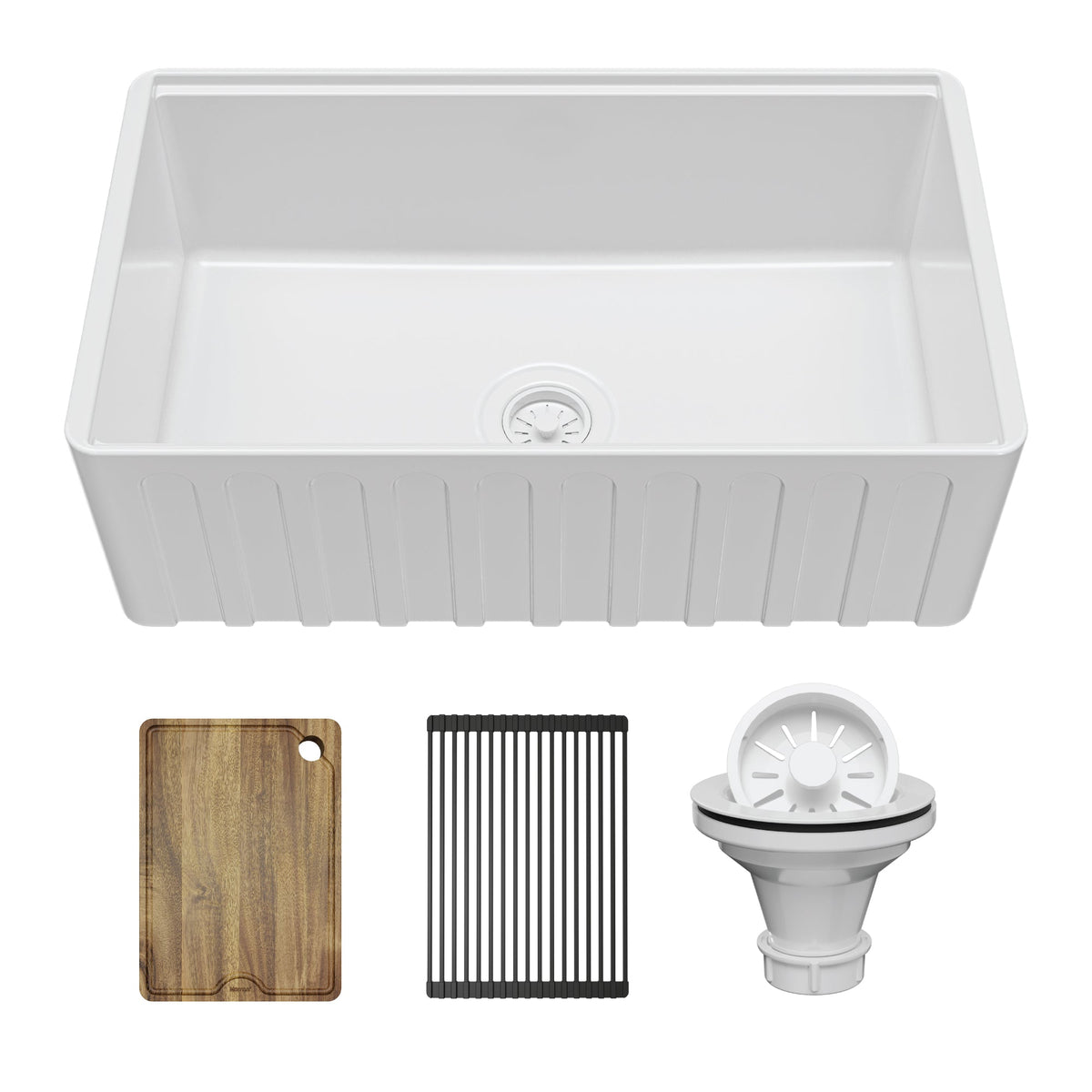 Fireclay 30" Reversible Apron Front Single Bowl Workstation Kitchen Sink In White